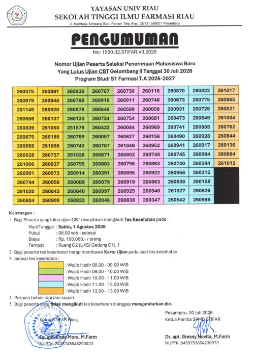 PENGUMUMAN HASIL UJIAN CBT SPMB S1-D3 GELOMBANG II TANGGAL 30 JULI 2026
