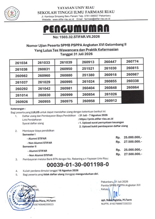 PENGUMUMAN HASIL WAWANCARA DAN PRAKTIK KEFARMASIAN SPMB PSPA XVI GELOMBANG II 31 JULI 2026
