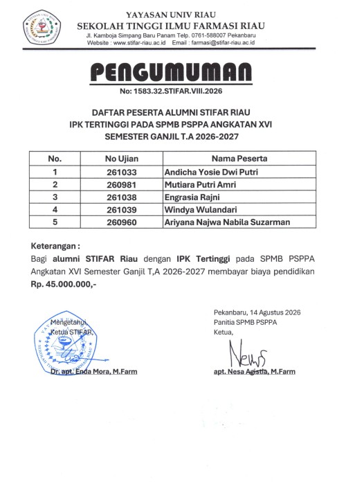 PENGUMUMAN IPK TERTINGGI ALUMNI STIFAR SPMB PSPPA ANGKATAN XVI TAHUN 2026